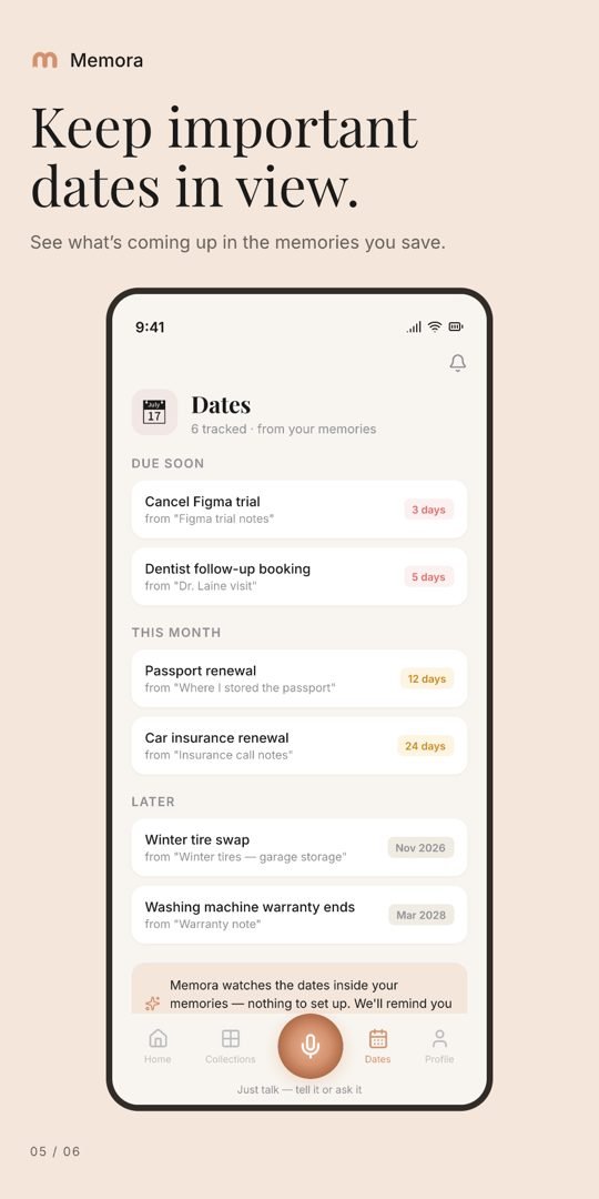 Keep important dates in view. Upcoming dates from saved memories.
