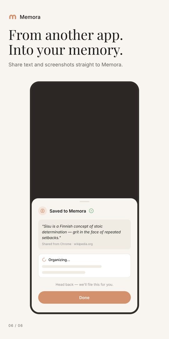 From another app into your memory. Sharing text into Memora.